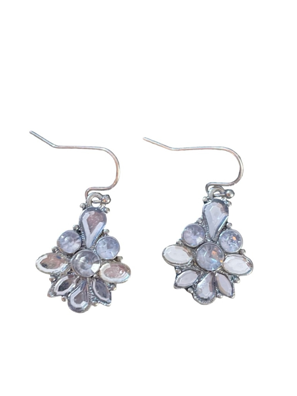 Floral crystal silver tone earrings French wire 1x1 inch appx dangle rhinestones - Picture 2 of 6